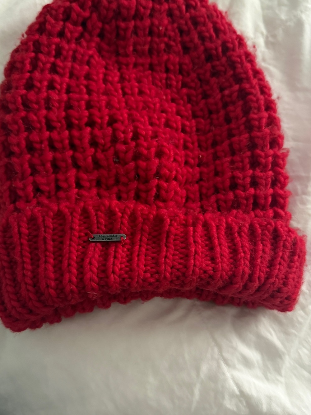 Abercrombie & Fitch Beanie Toque Womens OS Red Knit Wool Poly Est 1892 NY Pom